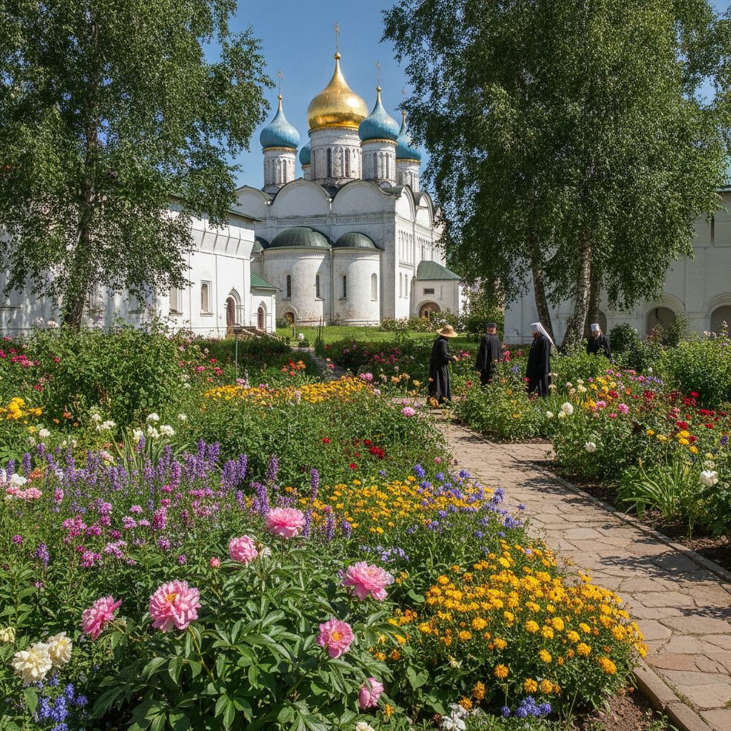 Сад монастыря с цветами