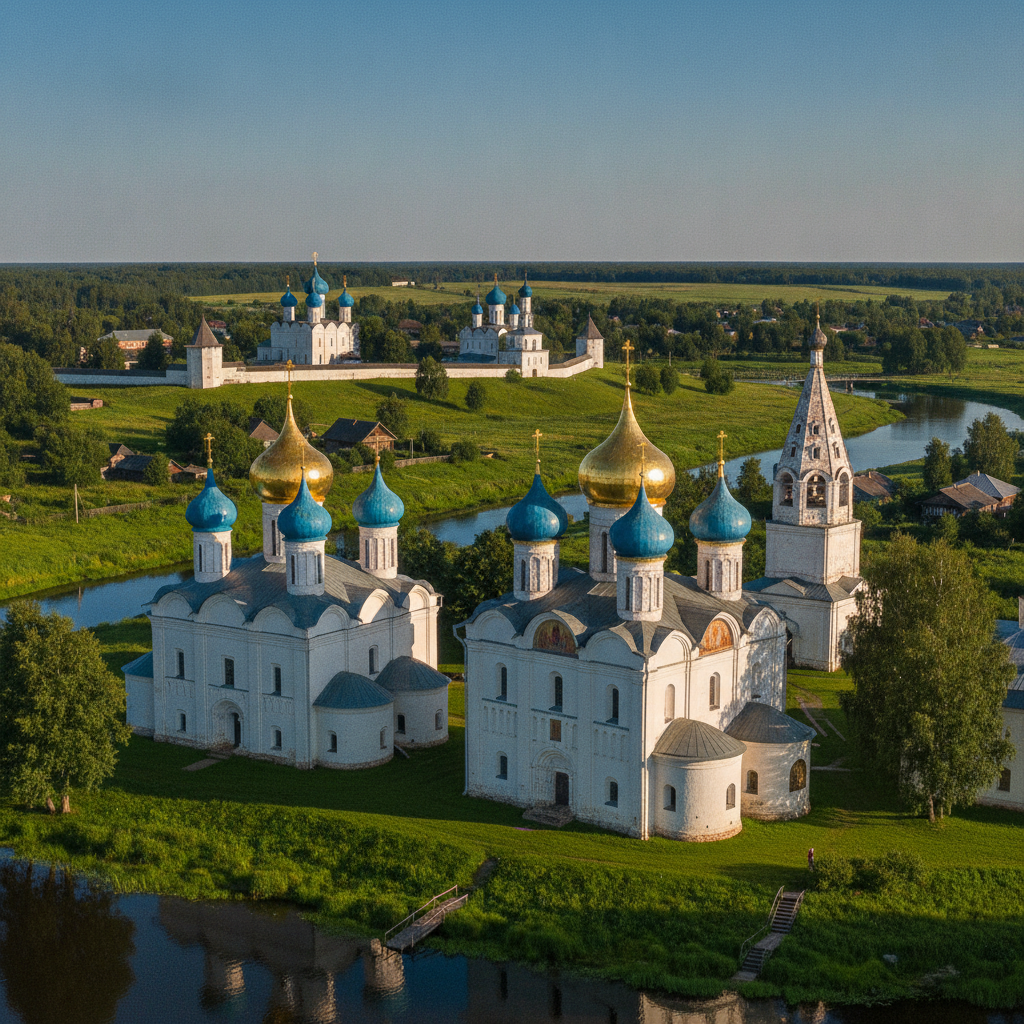 Старинные церкви на фоне голубого неба