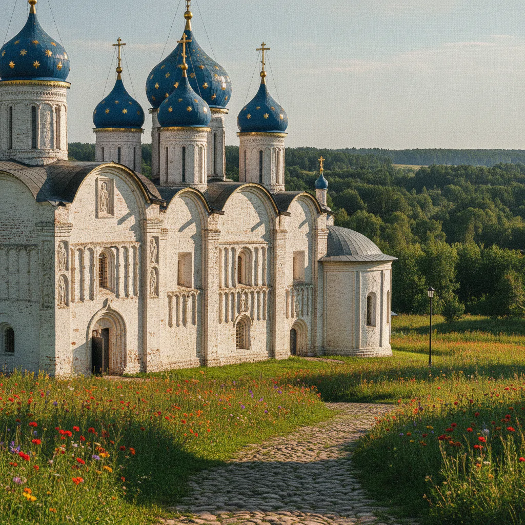 Белокаменные соборы на фоне зимы