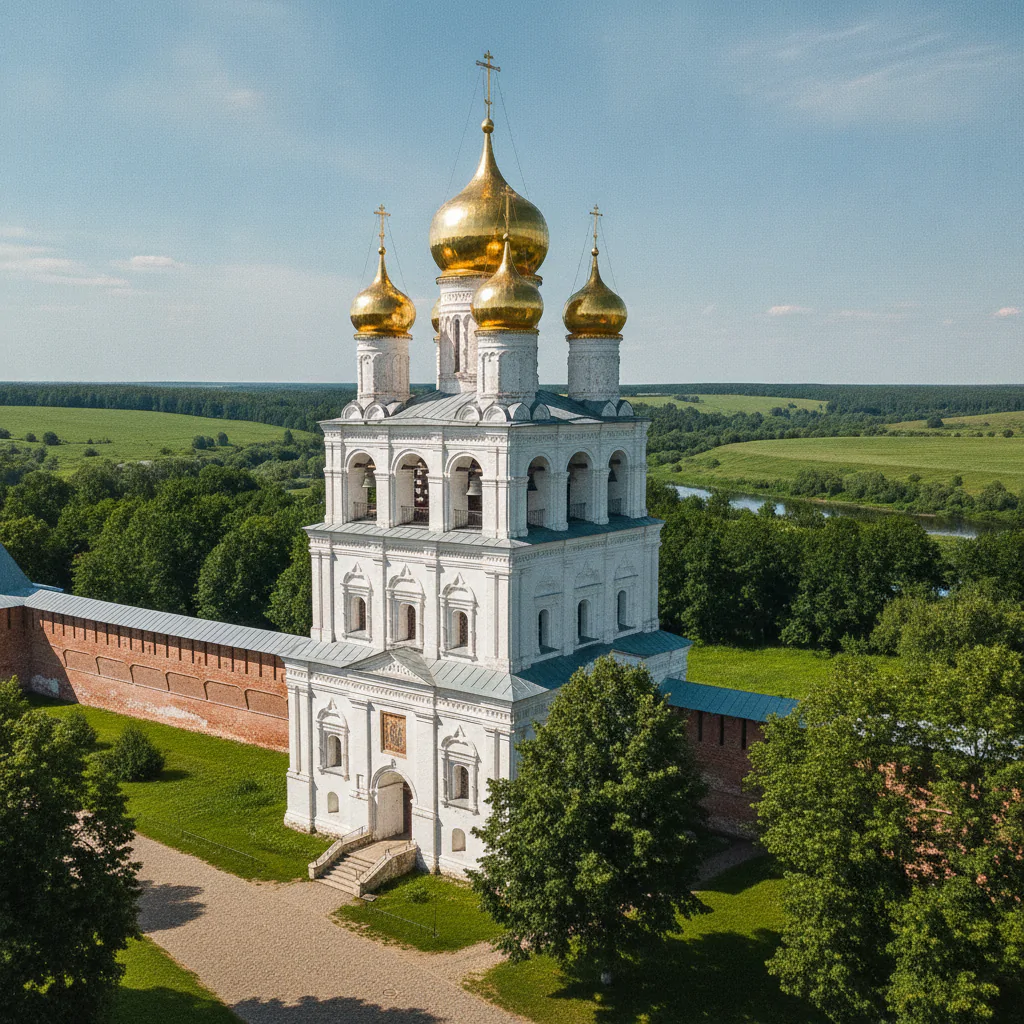 Звонница монастыря с куполами